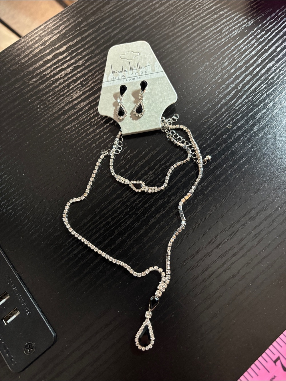 Nicole Miller Silver Crystal Teardrop Necklace with Matching Earrings